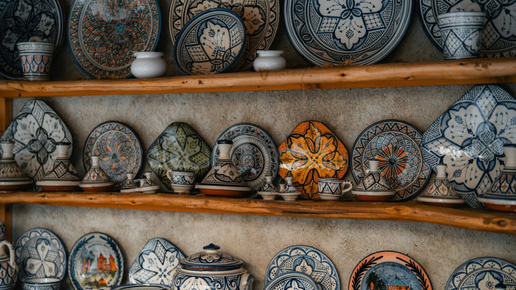 Traditional Moroccan ceramic plates displayed in the Medina of Tangier