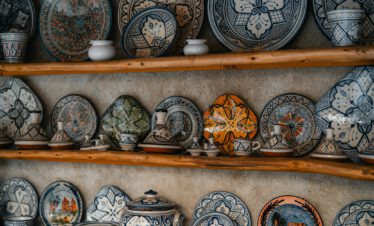 Traditional Moroccan ceramic plates displayed in the Medina of Tangier