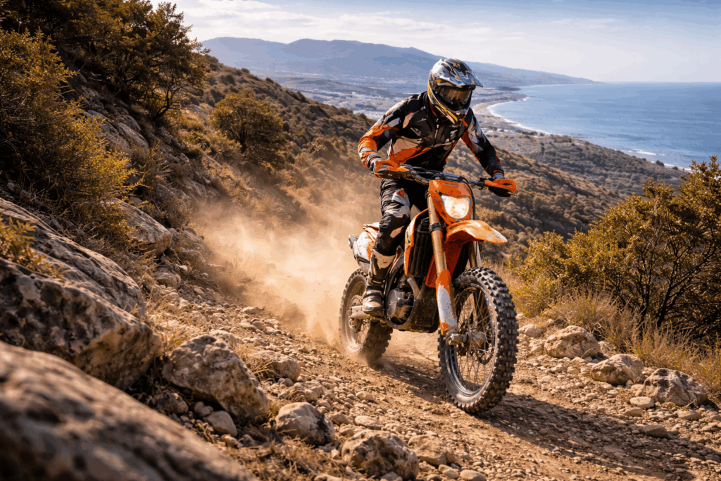 Guided KTM enduro motorcycle tour off-road in the mountains near Tangier