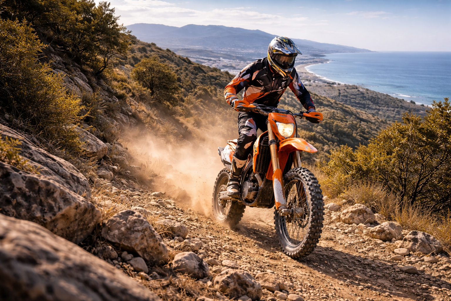 Guided KTM enduro motorcycle tour off-road in the mountains near Tangier