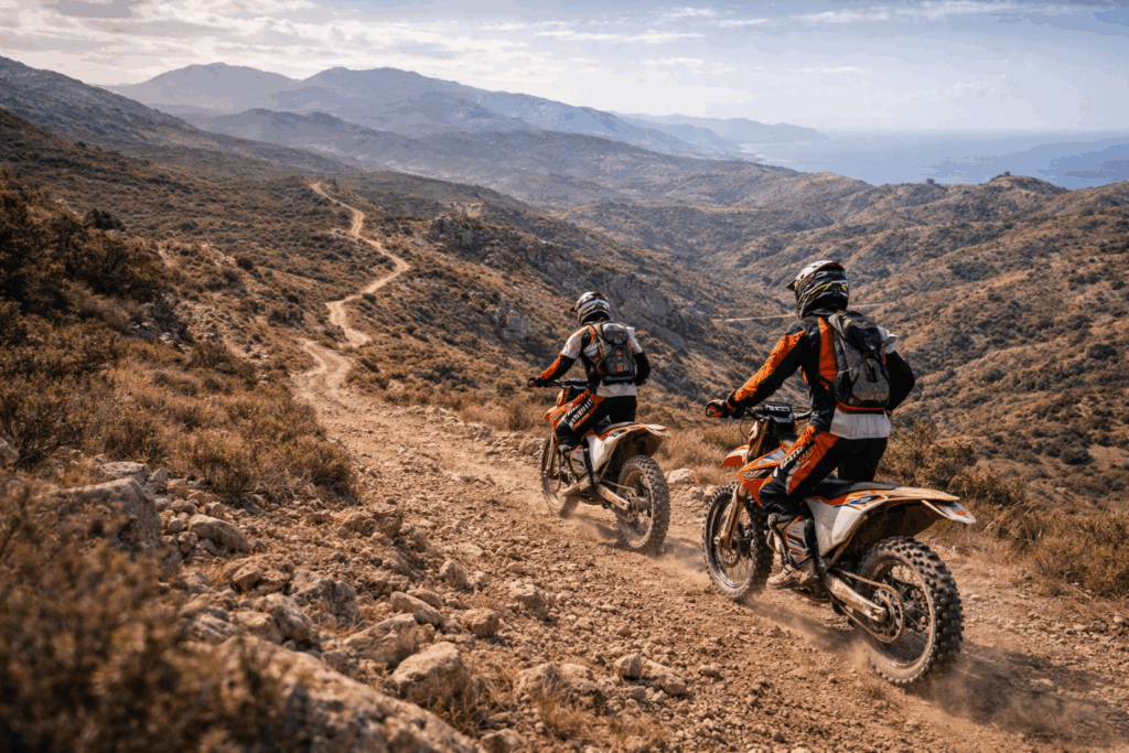 Guided KTM enduro motorcycle tour through mountain trails near Tangier