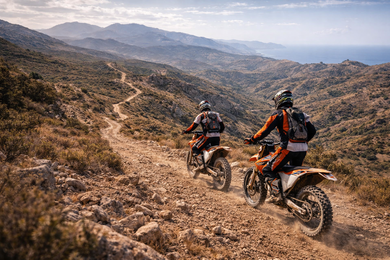 Guided KTM enduro motorcycle tour through mountain trails near Tangier